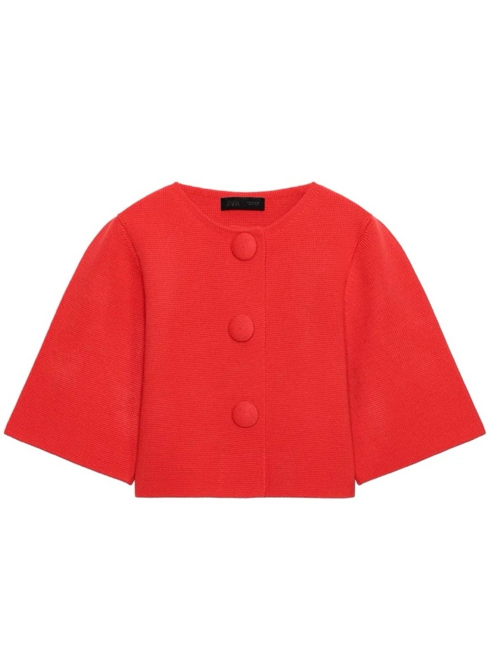 Zara Red Cropped Knit Jacket with Covered Buttons